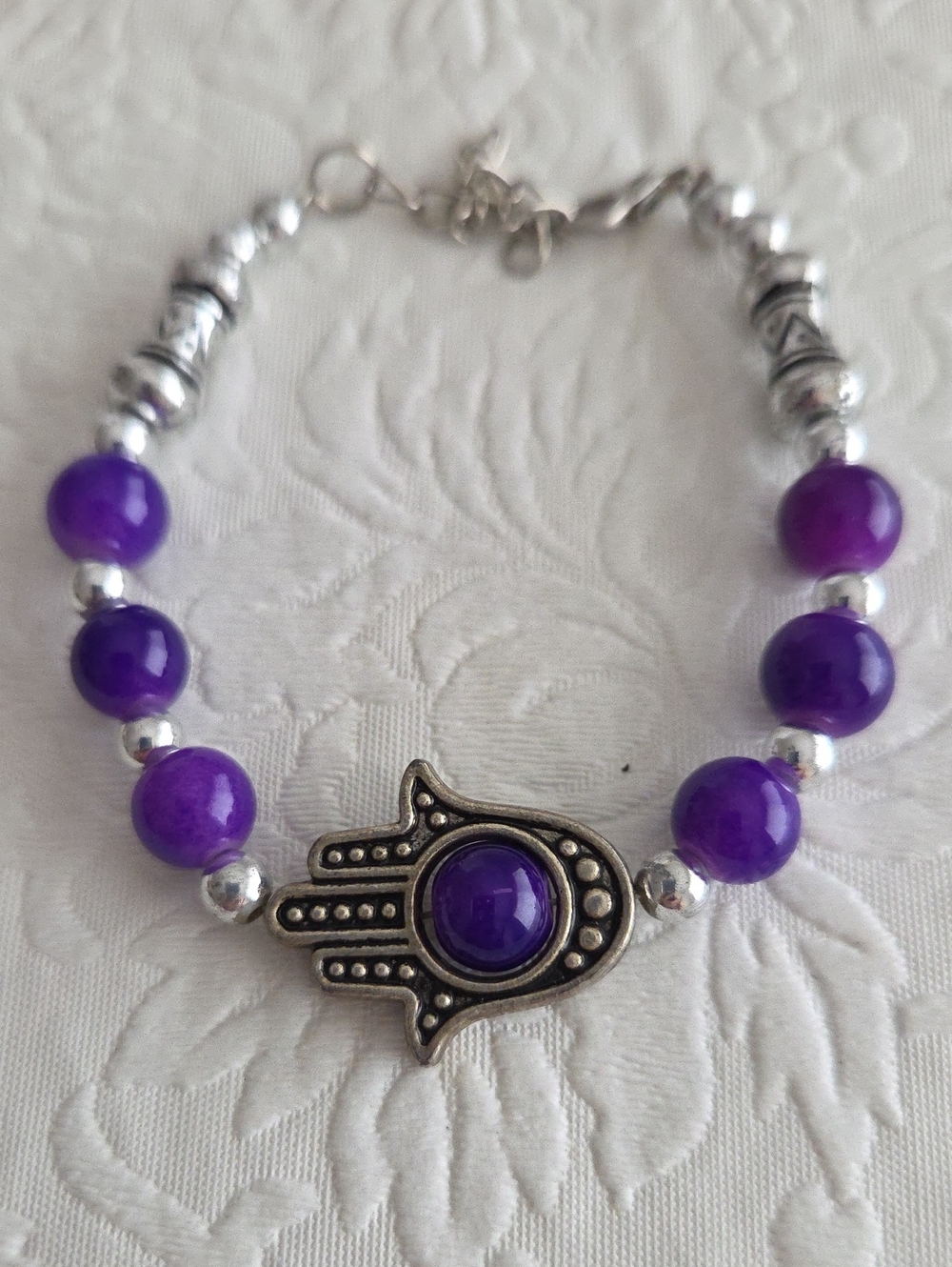 Amethyst Hamsa Bead Bracelet with Silver Accents - Women Jewelry